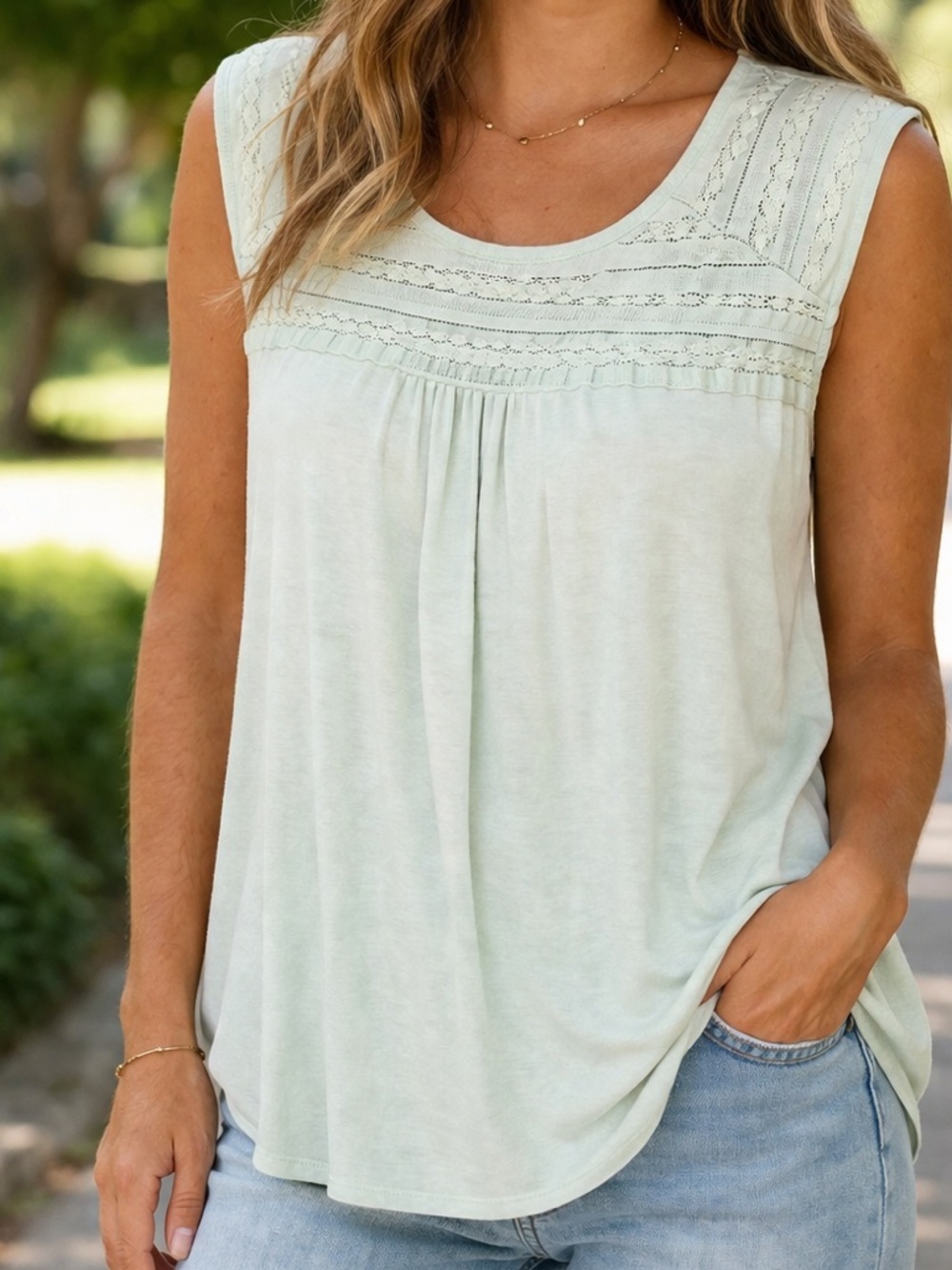 Mint Green Babydoll Tank Top Embroidered Lightweight Flowy Size L